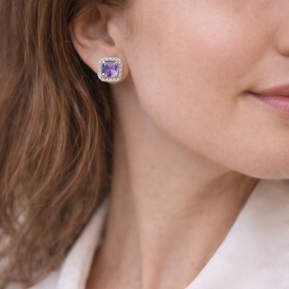 Moissanite Lavender Halo Stud Earrings 925 Sterling Silver Cushion Cut - Picture 5 of 5